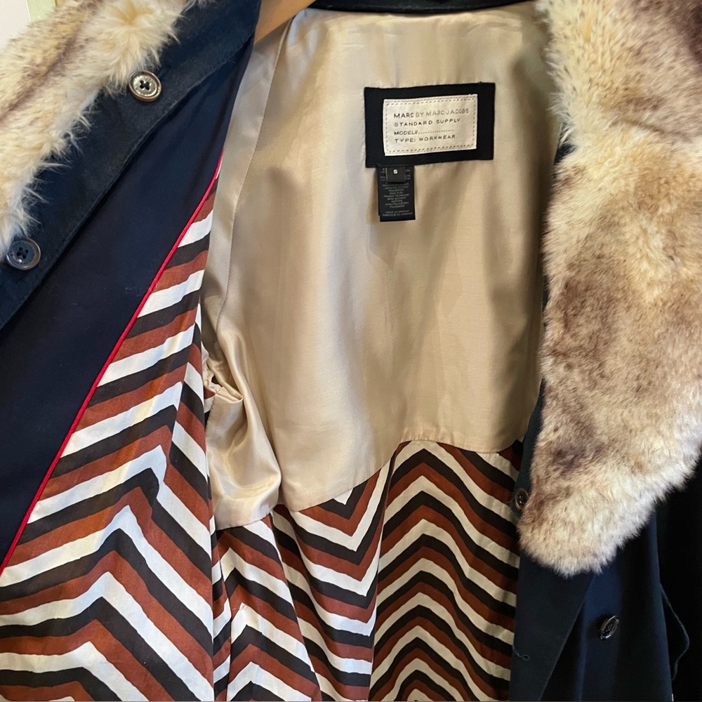 Marc by Marc Jacobs Navy Trench Coat with Detachable Faux Fur Collar Size S - Picture 7 of 10